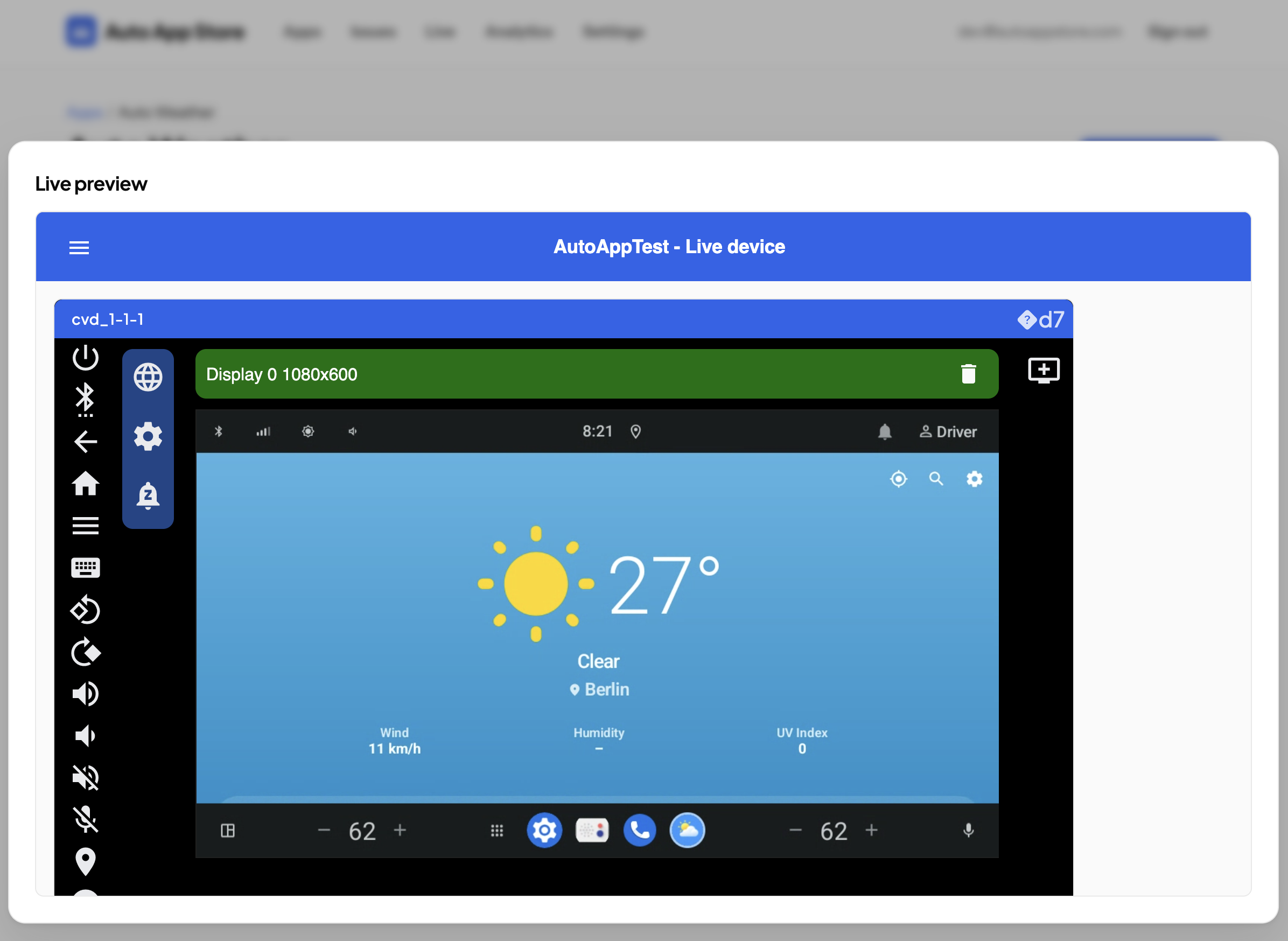 A live Android Automotive device streamed into the browser, showing the Auto Weather app rendering 27 degrees and "Clear, Berlin", embedded inside the Auto App Store developer portal